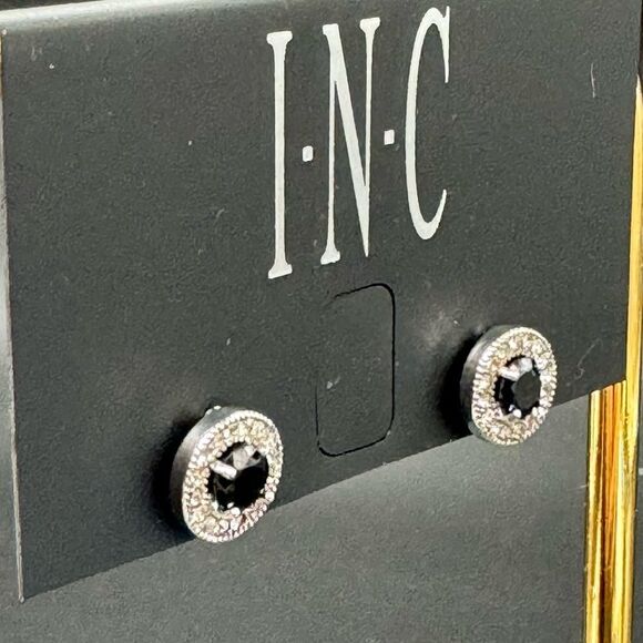 INC Silver Tone Post Earnings W/ Black Crystal surrounded by Clear Crystal .5 in - Picture 2 of 6
